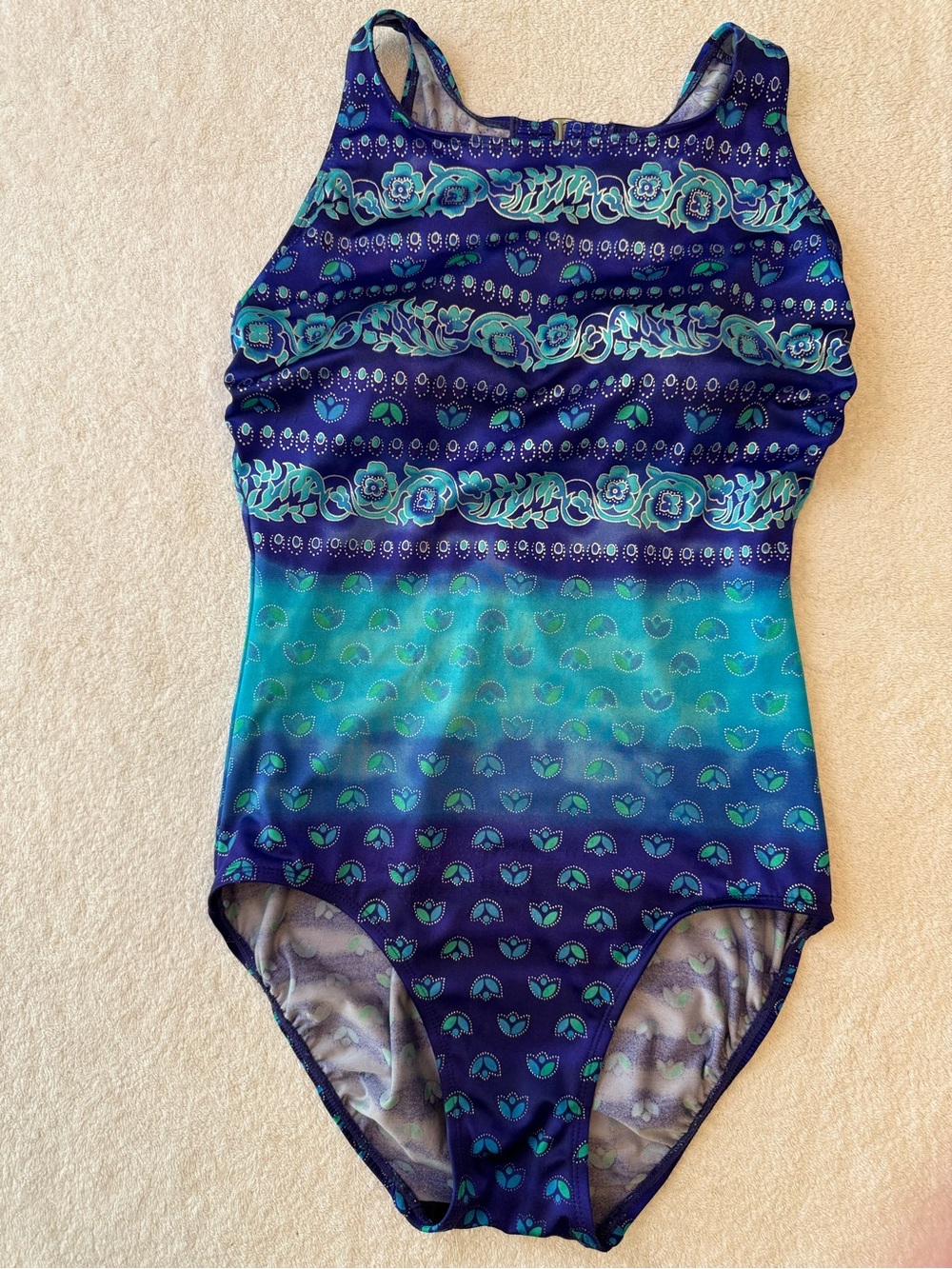 Longitude Long Torso One Piece Swimsuit Blue Teal Floral Geometric Slimming 10